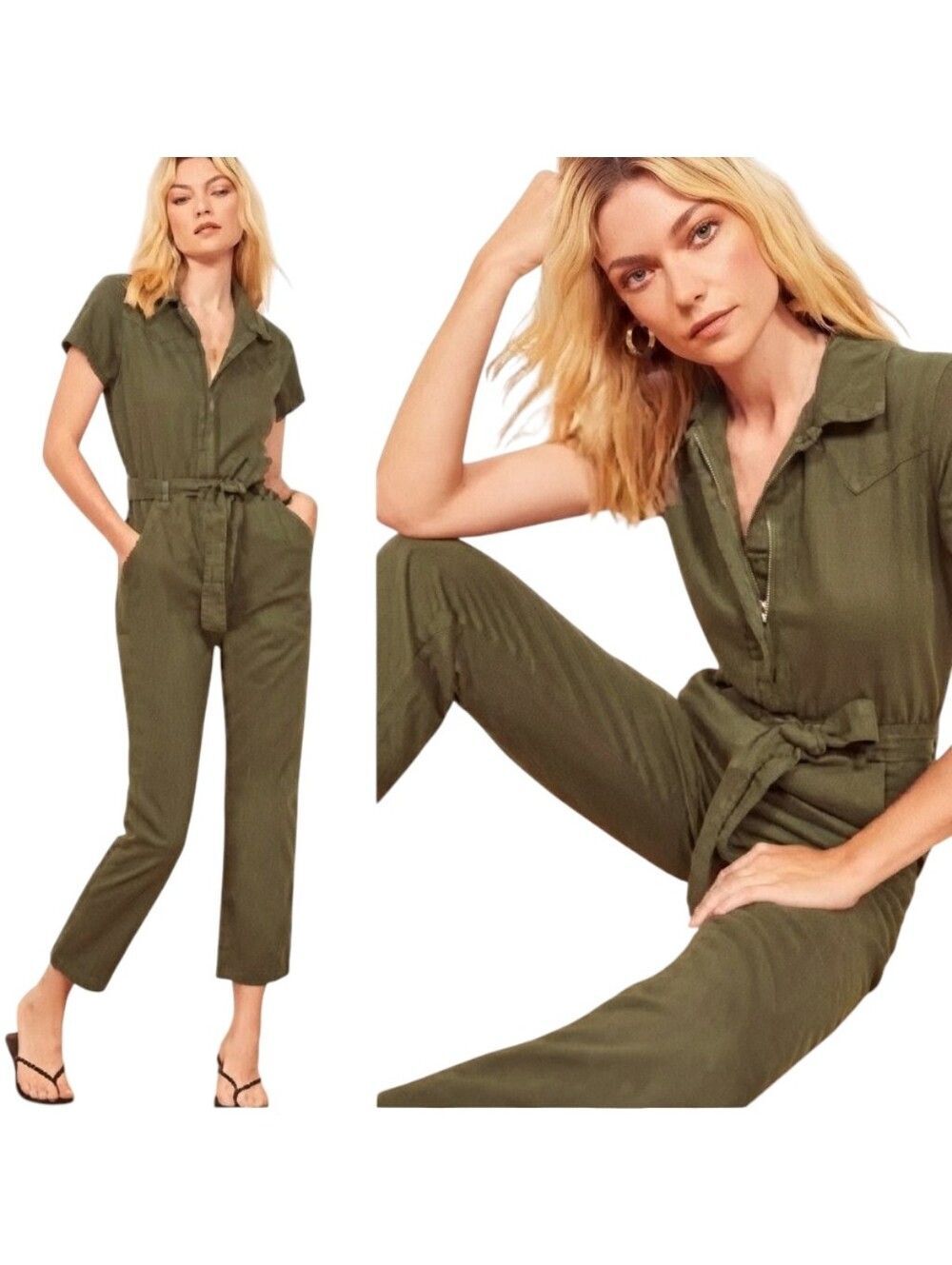 Reformation Jeans Kenny Boiler Slim Fit Cropped Jumpsuit Washed Army Green Sz 0